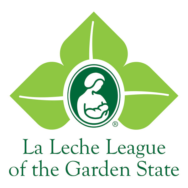 La Leche League of the Garden State Logo.  Green and White drawn logo of an oval surrounded by three pointed leaves.  In the oval a person is holding an infant to their breast/chest in a nursing position.